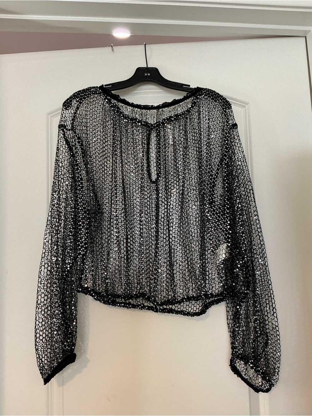 Free People Black Mesh Sequin Blouse with Silver Sparkle - Picture 2 of 5
